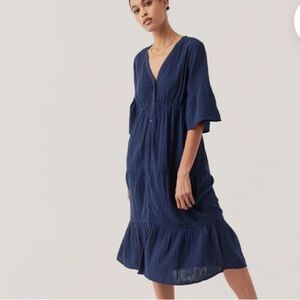 {PACT} 100% Organic Cotton Coastal Gauze Navy Pocket Bell Sleeve Midi Dress